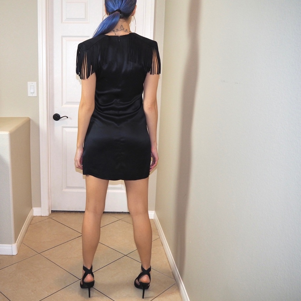 Black Shoulder Fringe Satin Dress